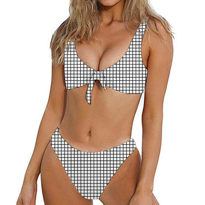 Black And White Windowpane Pattern Print Front Bow Tie Bikini