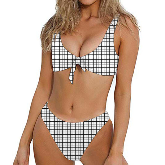 Black And White Windowpane Pattern Print Front Bow Tie Bikini