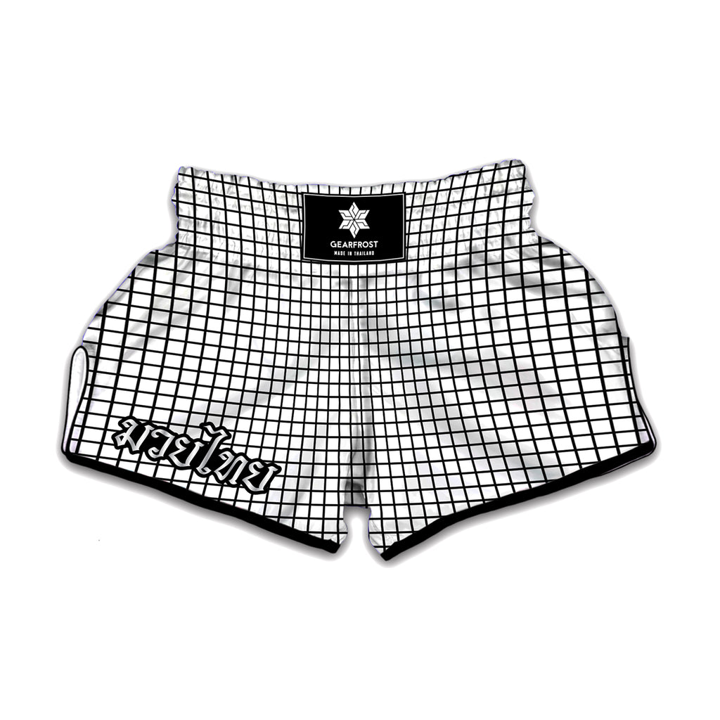 Black And White Windowpane Pattern Print Muay Thai Boxing Shorts