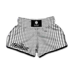 Black And White Windowpane Pattern Print Muay Thai Boxing Shorts