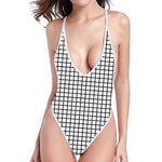 Black And White Windowpane Pattern Print One Piece High Cut Swimsuit