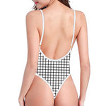 Black And White Windowpane Pattern Print One Piece High Cut Swimsuit