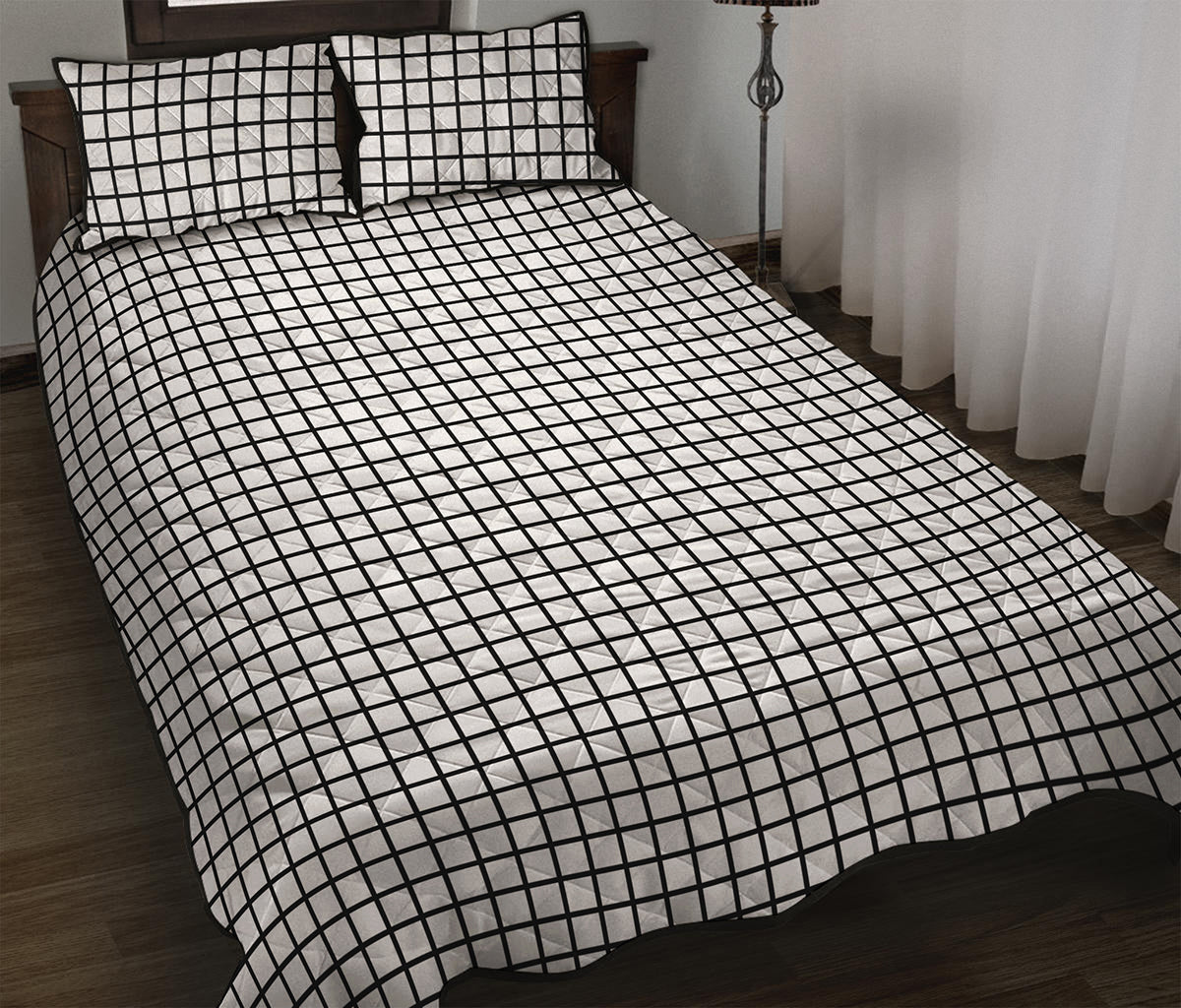 Black And White Windowpane Pattern Print Quilt Bed Set