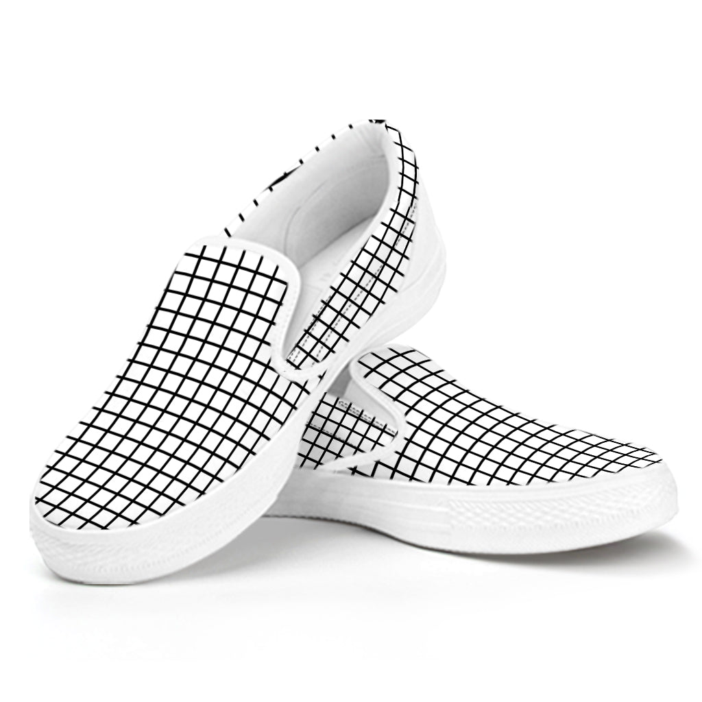 Black And White Windowpane Pattern Print White Slip On Shoes