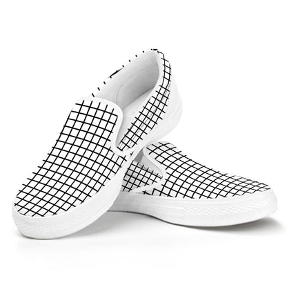 Black And White Windowpane Pattern Print White Slip On Shoes