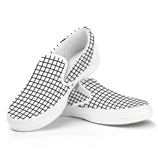 Black And White Windowpane Pattern Print White Slip On Shoes