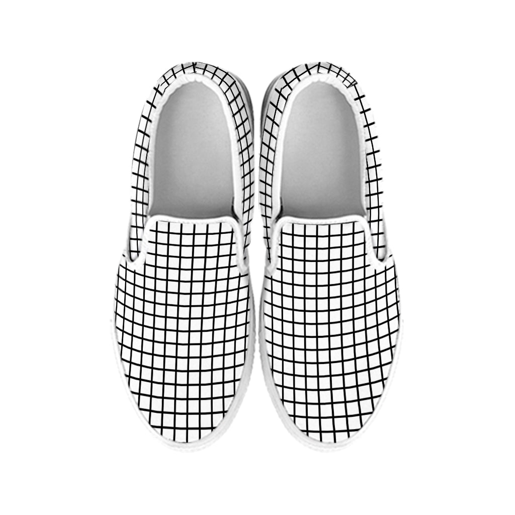 Black And White Windowpane Pattern Print White Slip On Shoes