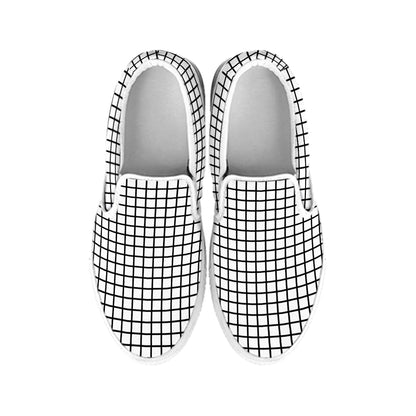 Black And White Windowpane Pattern Print White Slip On Shoes