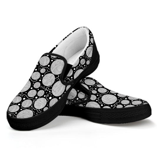 Black And White Yarn Pattern Print Black Slip On Shoes