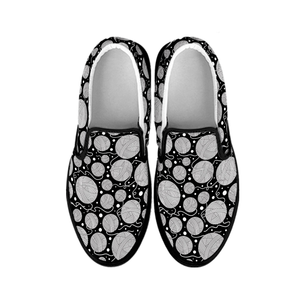 Black And White Yarn Pattern Print Black Slip On Shoes