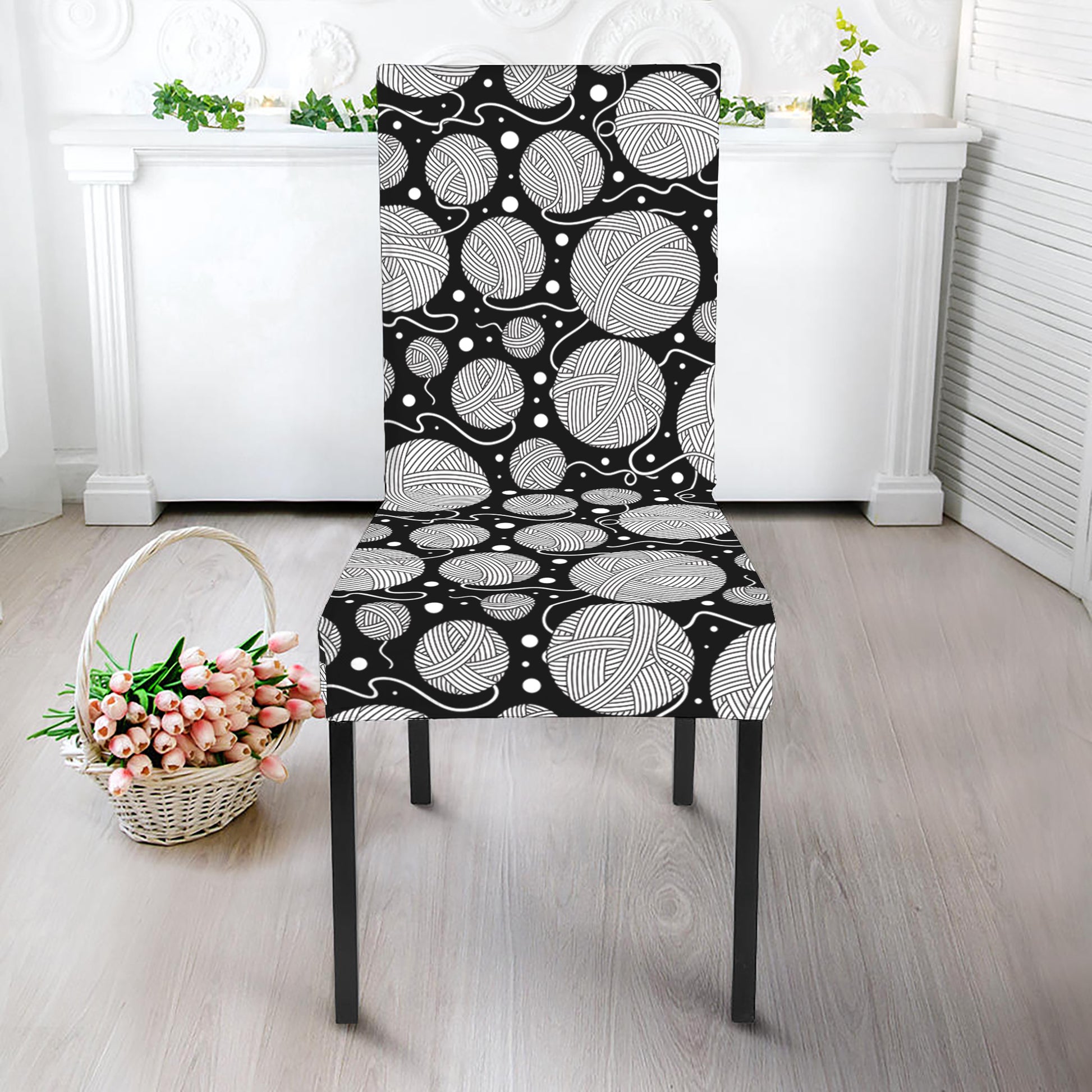 Black And White Yarn Pattern Print Dining Chair Slipcover