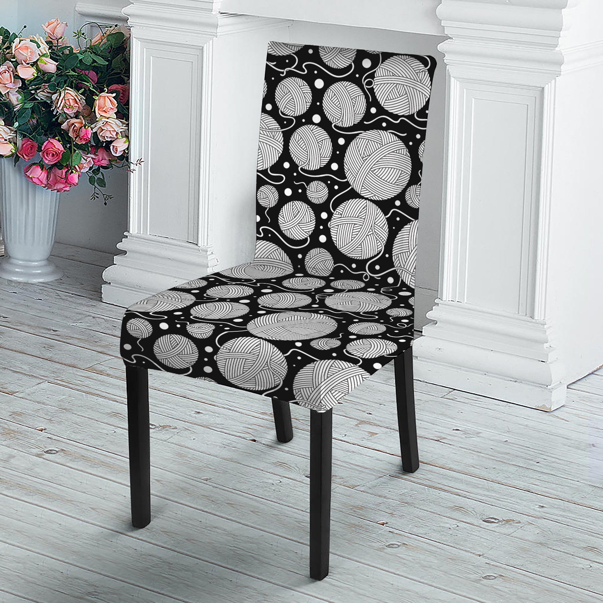 Black And White Yarn Pattern Print Dining Chair Slipcover