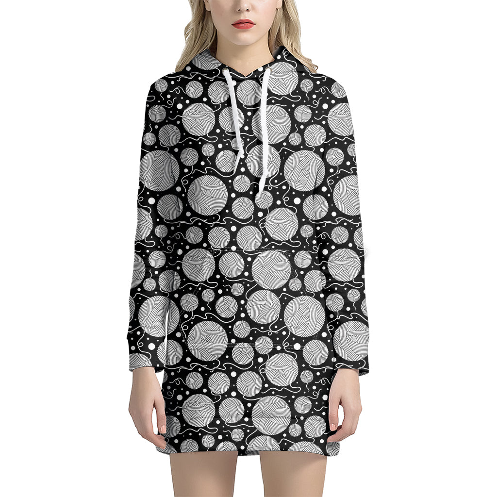 Black And White Yarn Pattern Print Hoodie Dress