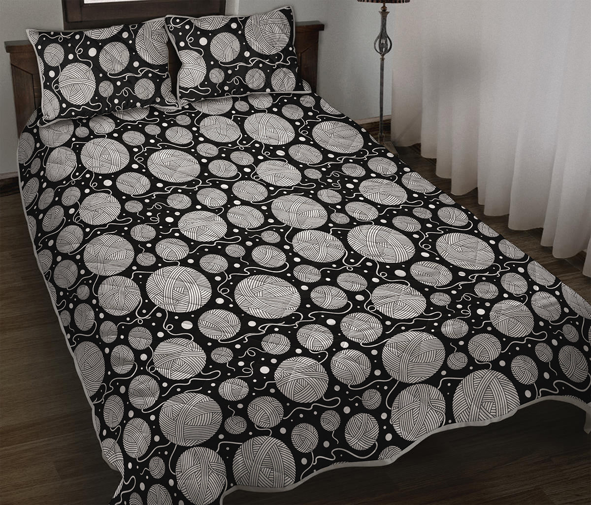 Black And White Yarn Pattern Print Quilt Bed Set