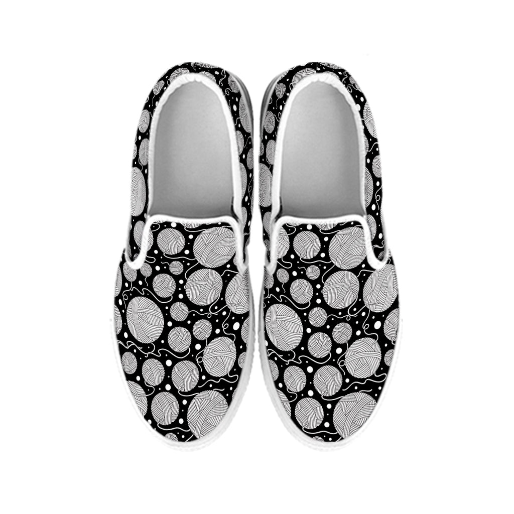 Black And White Yarn Pattern Print White Slip On Shoes