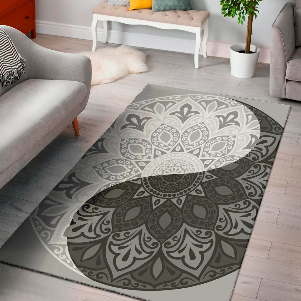 Black And White Yin Yang Mandala Print Area Rug