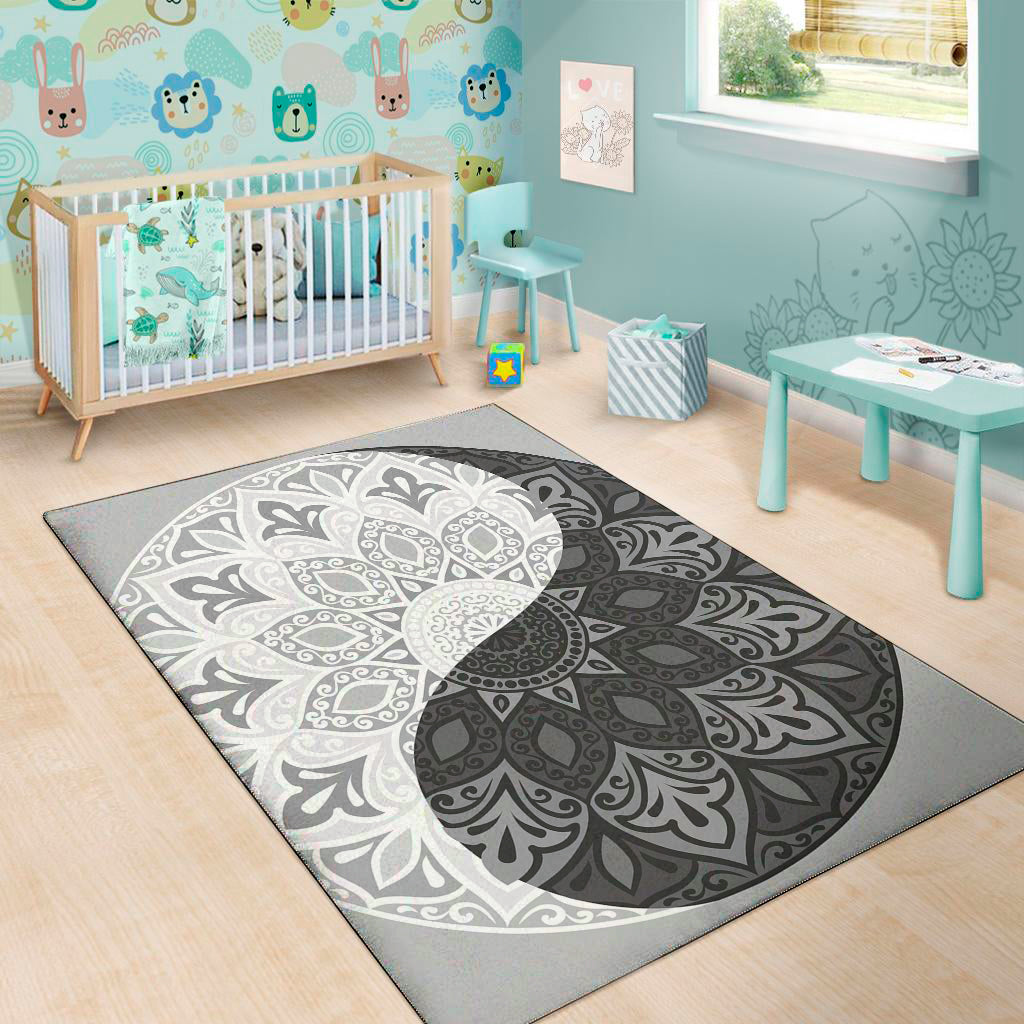 Black And White Yin Yang Mandala Print Area Rug