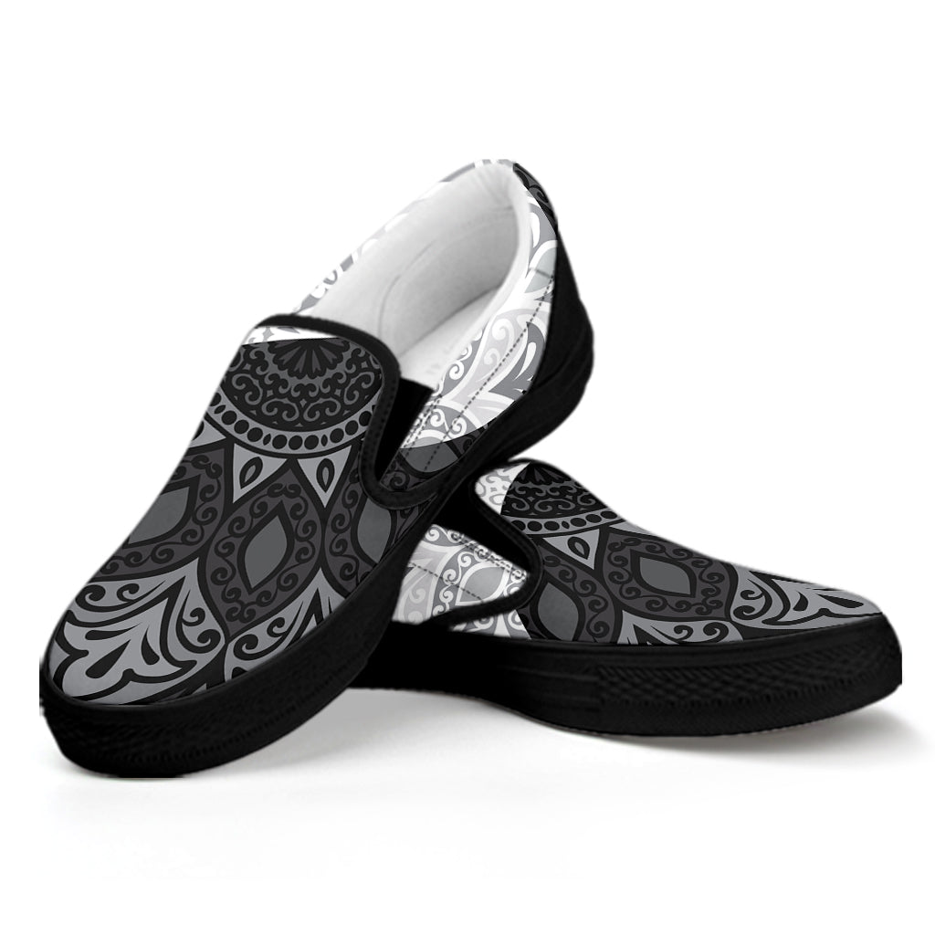 Black And White Yin Yang Mandala Print Black Slip On Shoes
