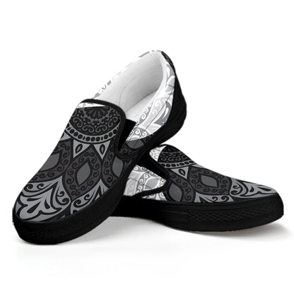 Black And White Yin Yang Mandala Print Black Slip On Shoes