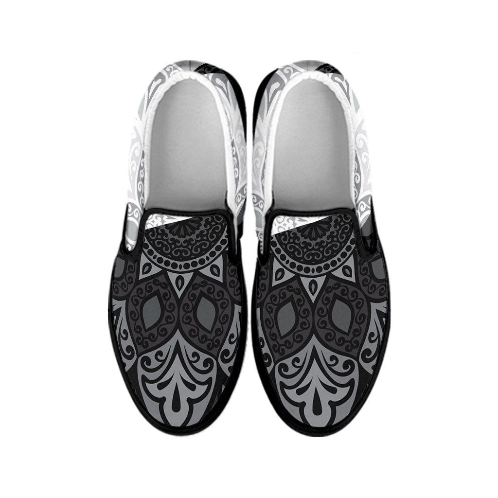 Black And White Yin Yang Mandala Print Black Slip On Shoes