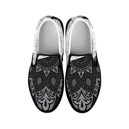 Black And White Yin Yang Mandala Print Black Slip On Shoes