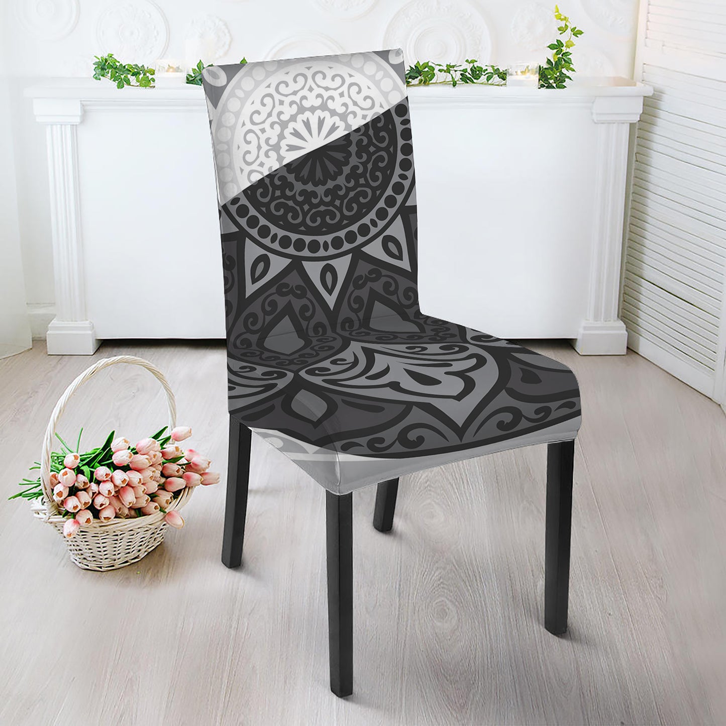 Black And White Yin Yang Mandala Print Dining Chair Slipcover