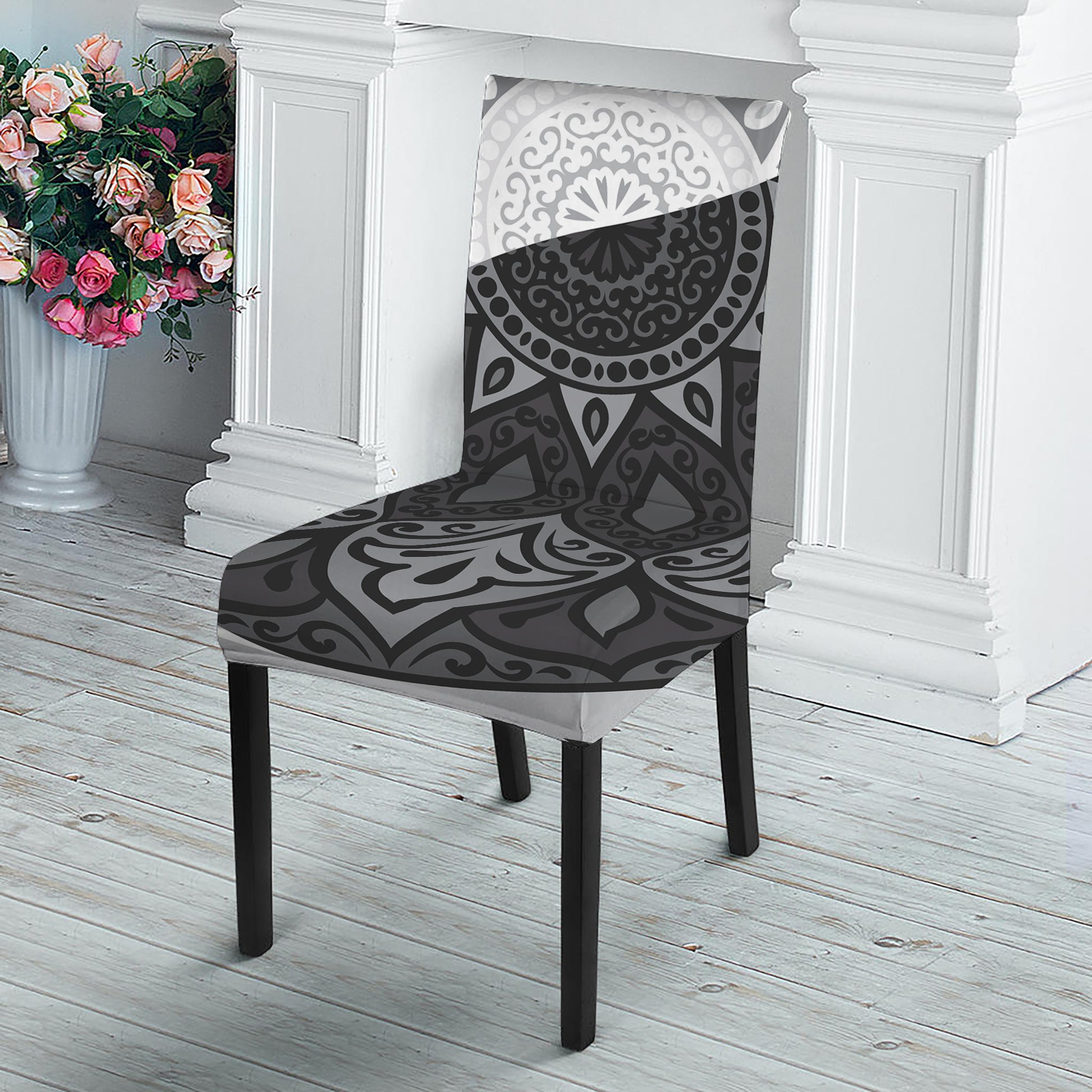 Black And White Yin Yang Mandala Print Dining Chair Slipcover