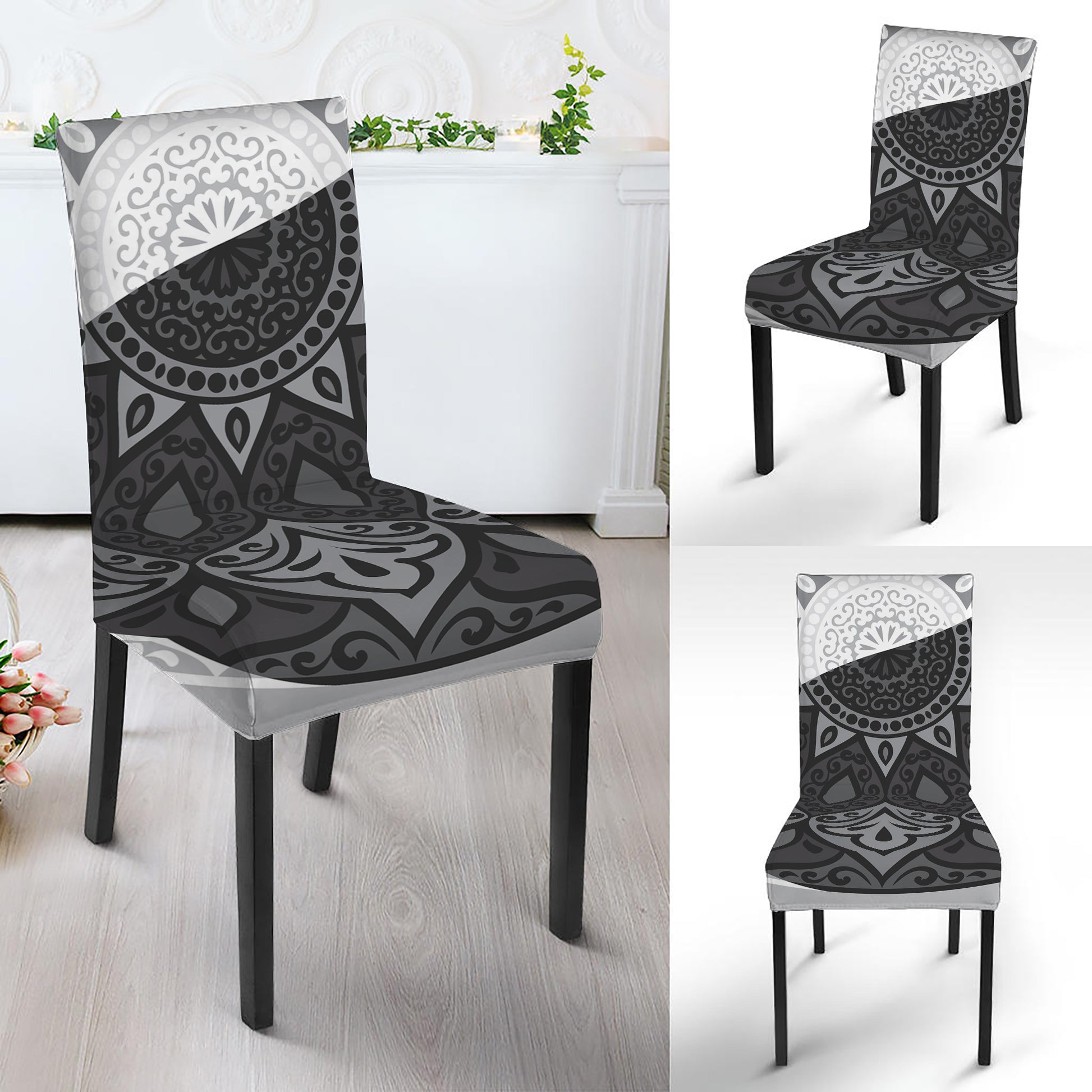 Black And White Yin Yang Mandala Print Dining Chair Slipcover