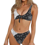 Black And White Yin Yang Mandala Print Front Bow Tie Bikini