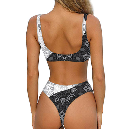 Black And White Yin Yang Mandala Print Front Bow Tie Bikini