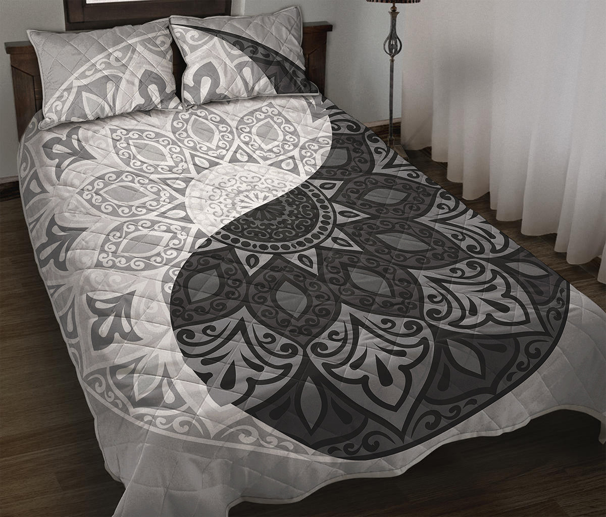 Black And White Yin Yang Mandala Print Quilt Bed Set