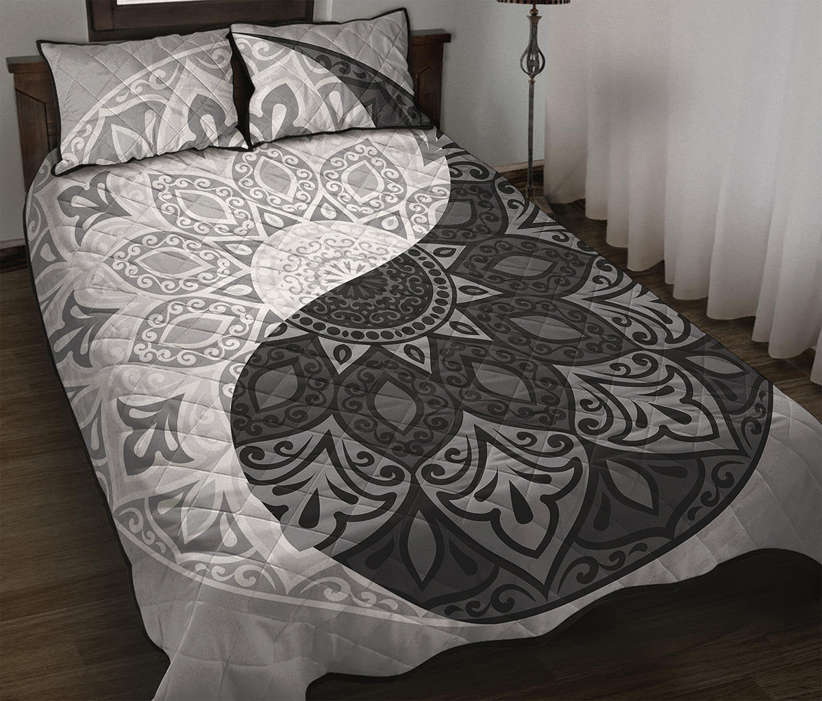 Black And White Yin Yang Mandala Print Quilt Bed Set