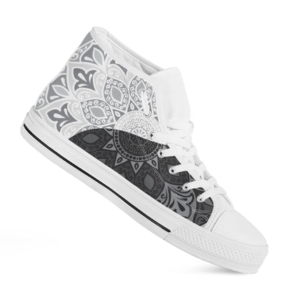 Black And White Yin Yang Mandala Print White High Top Shoes