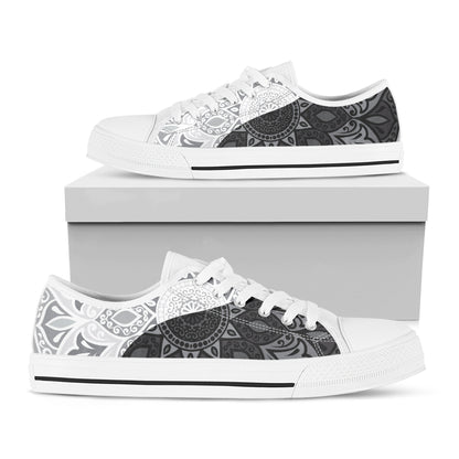 Black And White Yin Yang Mandala Print White Low Top Shoes