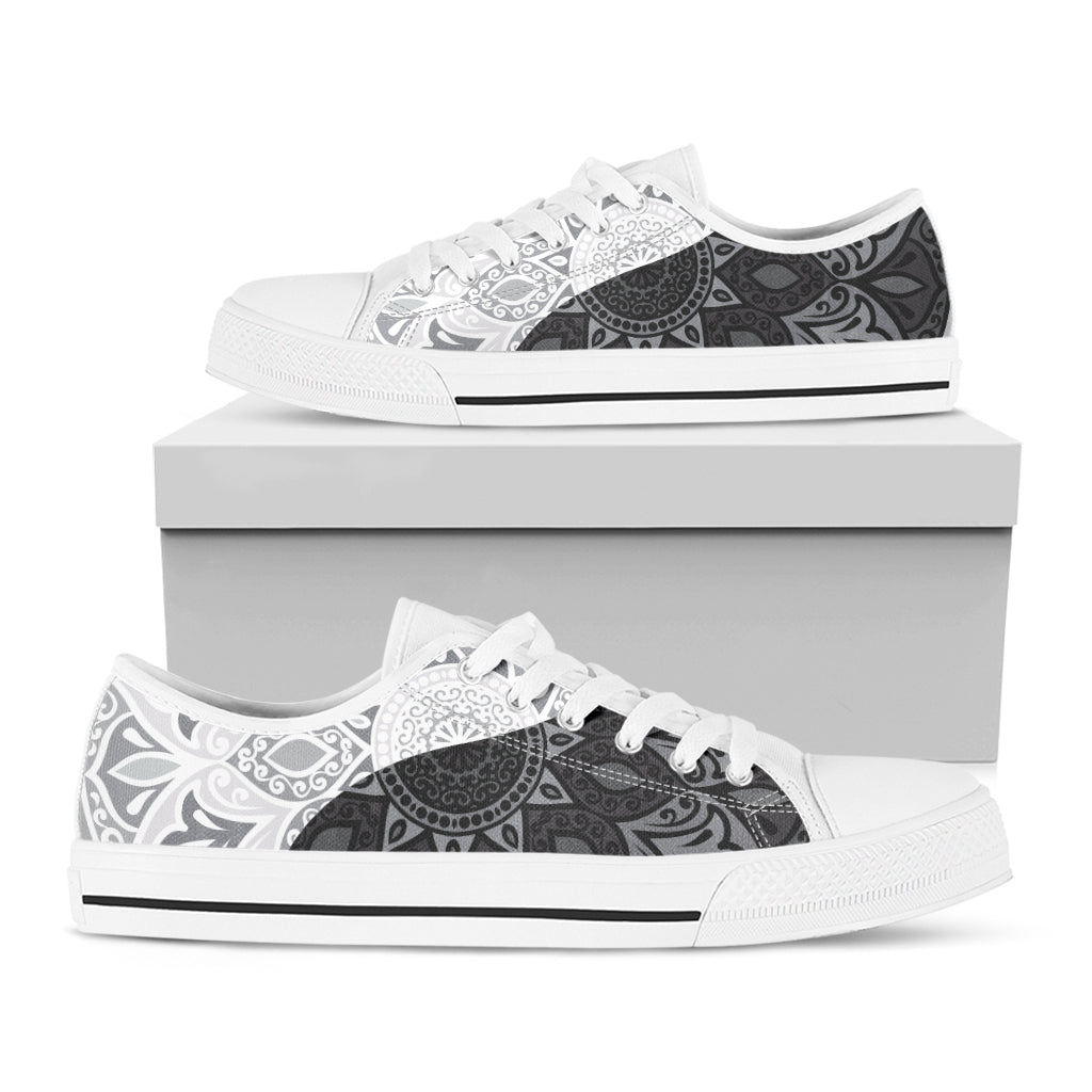 Black And White Yin Yang Mandala Print White Low Top Shoes