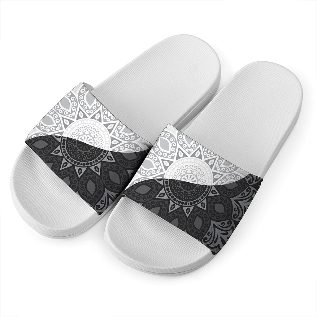 Black And White Yin Yang Mandala Print White Slide Sandals