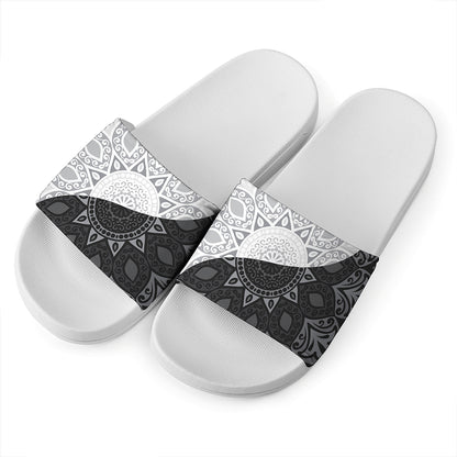 Black And White Yin Yang Mandala Print White Slide Sandals