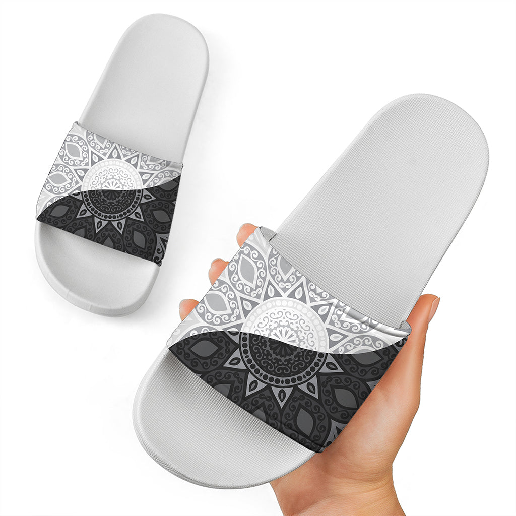 Black And White Yin Yang Mandala Print White Slide Sandals