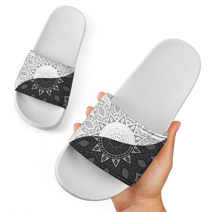 Black And White Yin Yang Mandala Print White Slide Sandals