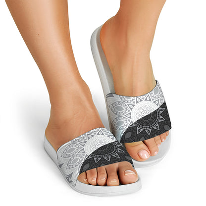 Black And White Yin Yang Mandala Print White Slide Sandals