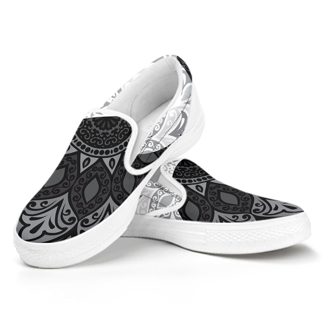 Black And White Yin Yang Mandala Print White Slip On Shoes
