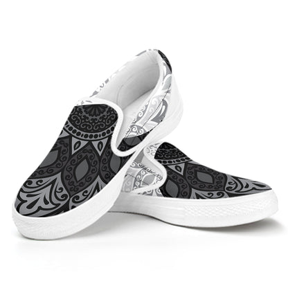Black And White Yin Yang Mandala Print White Slip On Shoes