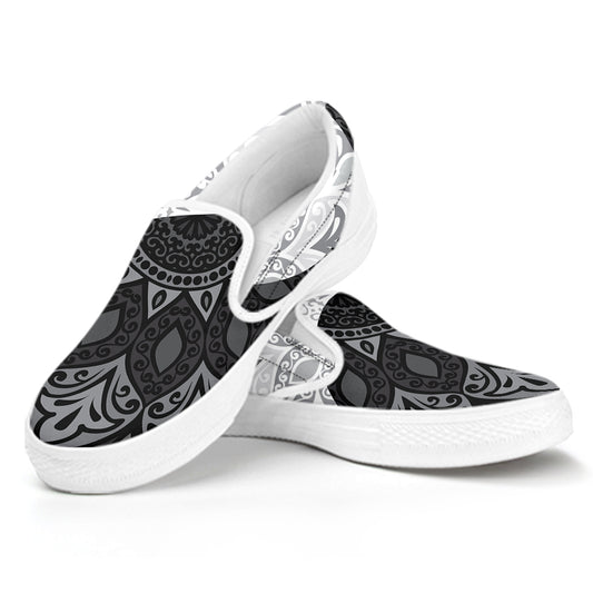 Black And White Yin Yang Mandala Print White Slip On Shoes