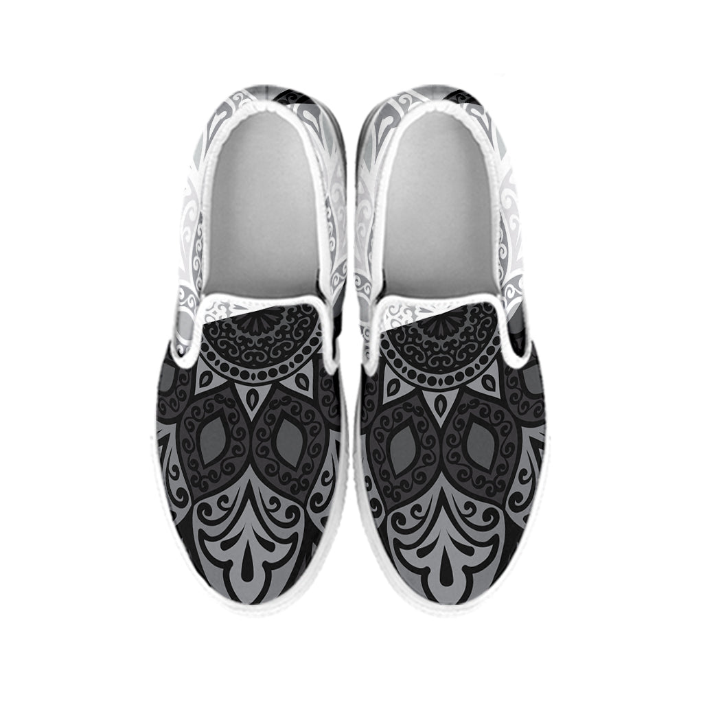 Black And White Yin Yang Mandala Print White Slip On Shoes