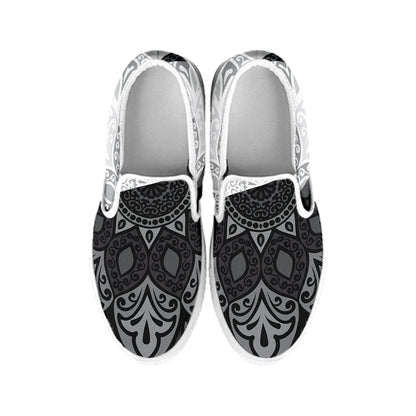 Black And White Yin Yang Mandala Print White Slip On Shoes