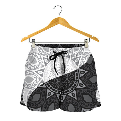 Black And White Yin Yang Mandala Print Women's Shorts