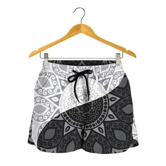 Black And White Yin Yang Mandala Print Women's Shorts