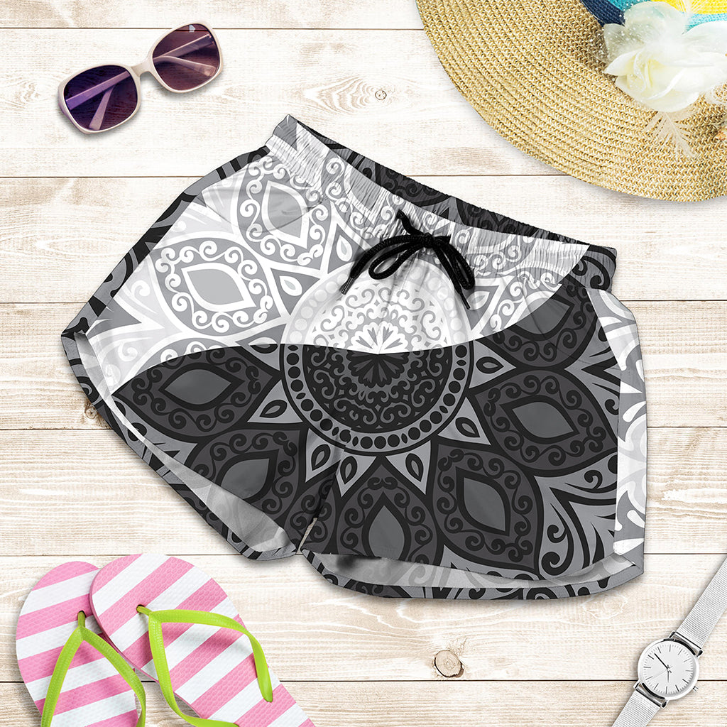 Black And White Yin Yang Mandala Print Women's Shorts