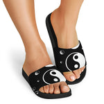 Black And White Yin Yang Pattern Print Black Slide Sandals