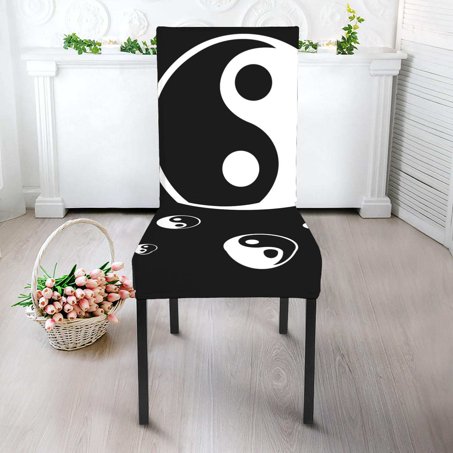 Black And White Yin Yang Pattern Print Dining Chair Slipcover